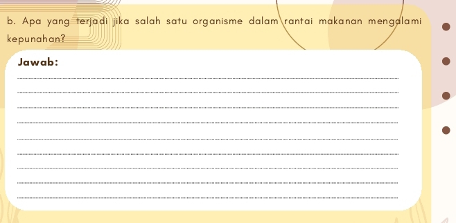 Apa yang terjadi jika salah satu organisme dalam rantai makanan mengalami 
kepunahan? 
Jawab: 
_ 
_ 
_ 
_ 
_ 
_ 
_ 
_ 
_