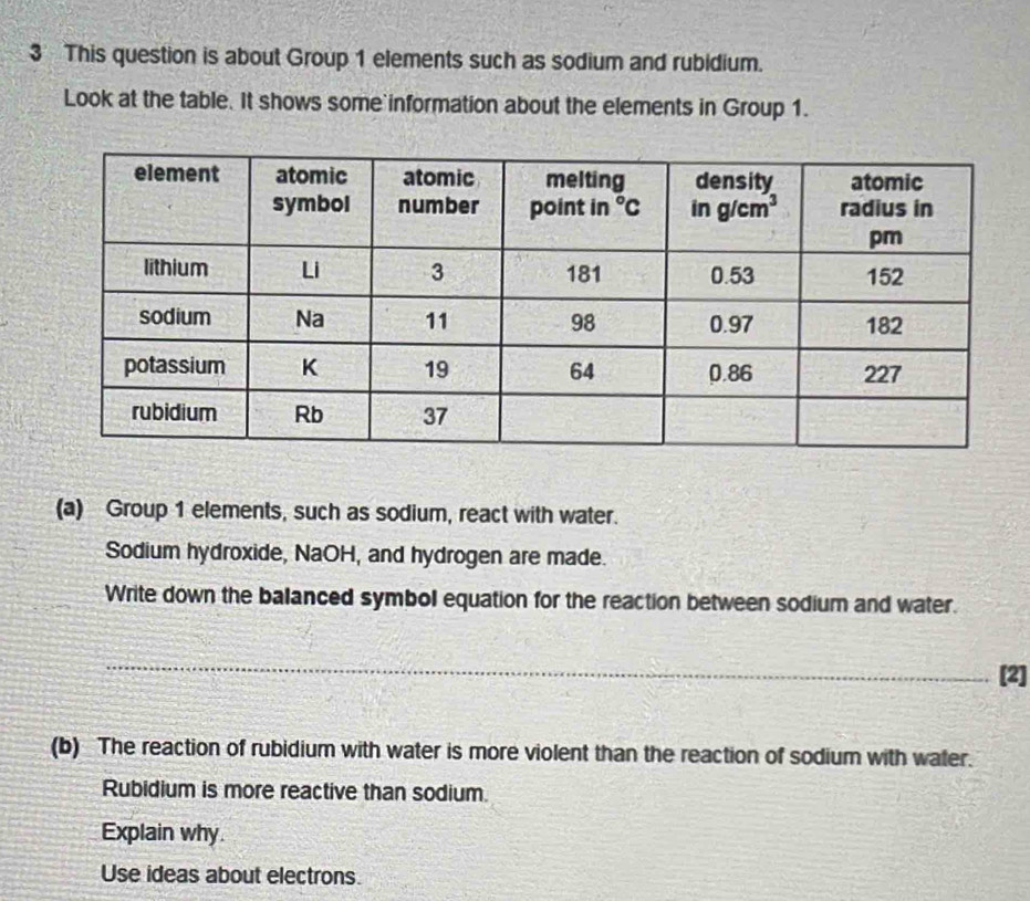 This question is about Group 1 elements such as sodium and rubidium.
Look at the table. It shows some information about the elements in Group 1.
(a) Group 1 elements, such as sodium, react with water.
Sodium hydroxide, NaOH, and hydrogen are made.
Write down the balanced symbol equation for the reaction between sodium and water.
_
[2]
(b) The reaction of rubidium with water is more violent than the reaction of sodium with water.
Rubidium is more reactive than sodium.
Explain why.
Use ideas about electrons.