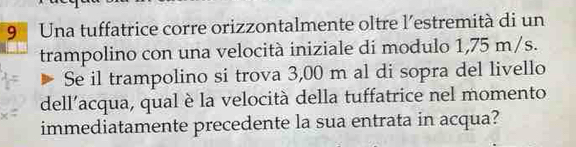 Una tuffatrice corre orizzontalmente oltre l'estremità di un 
trampolino con una velocità iniziale di modulo 1,75 m/s. 
Se il trampolino si trova 3,00 m al di sopra del livello 
dell’acqua, qual è la velocità della tuffatrice nel momento 
immediatamente precedente la sua entrata in acqua?