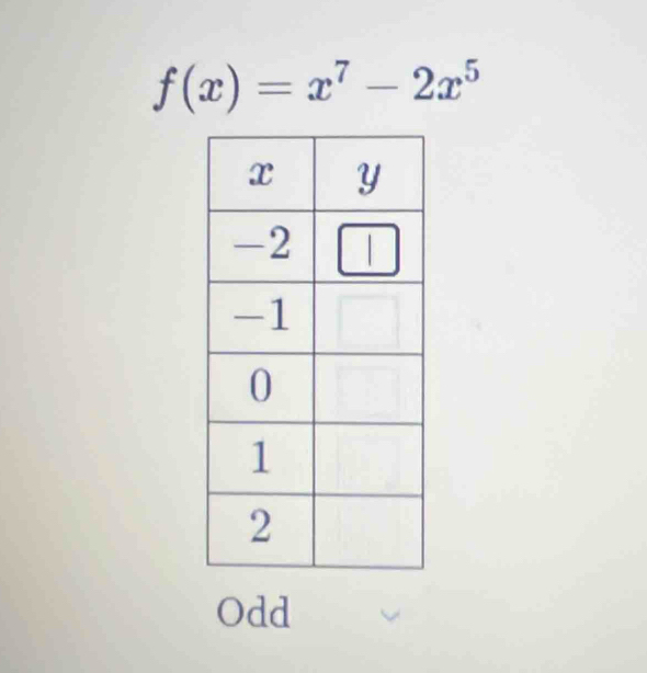 f(x)=x^7-2x^5
Odd