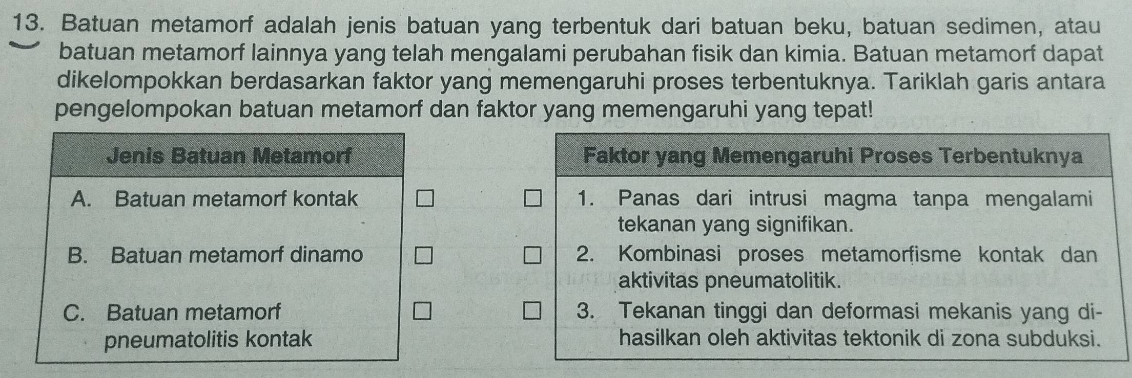 Batuan metamorf adalah jenis batuan yang terbentuk dari batuan beku, batuan sedimen, atau
batuan metamorf lainnya yang telah mengalami perubahan fisik dan kimia. Batuan metamorf dapat
dikelompokkan berdasarkan faktor yang memengaruhi proses terbentuknya. Tariklah garis antara
pengelompokan batuan metamorf dan faktor yang memengaruhi yang tepat!
Jenis Batuan Metamorf Faktor yang Memengaruhi Proses Terbentuknya
A. Batuan metamorf kontak 1. Panas dari intrusi magma tanpa mengalami
tekanan yang signifikan.
B. Batuan metamorf dinamo 2. Kombinasi proses metamorfisme kontak dan
aktivitas pneumatolitik.
C. Batuan metamorf 3. Tekanan tinggi dan deformasi mekanis yang di-
pneumatolitis kontak hasilkan oleh aktivitas tektonik di zona subduksi.