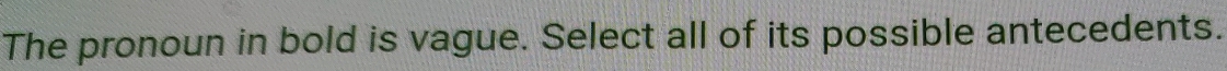 The pronoun in bold is vague. Select all of its possible antecedents.