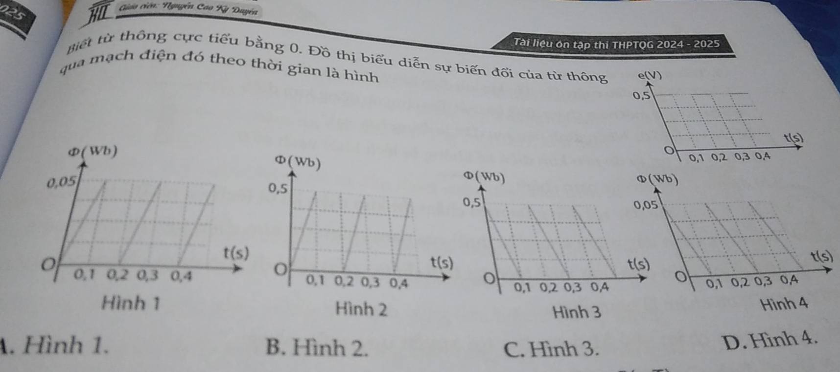 025
Hi  Giáo ciên: Nguyễn Cao Kỳ Duyền
Tài liệu ôn tập thi THPTQG 2024 - 2025
Biết từ thông cực tiểu bằng 0. Đồ thị biểu diễn sự biến đổi của từ thông
qua mạch điện đó theo thời gian là hình
A. Hình 1. B. Hình 2. C. Hình 3.
D. Hình 4.