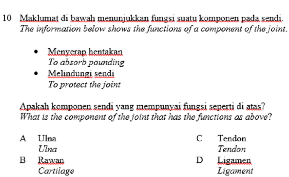 Maklumat di bawah menunjukkan fungsi suatu komponen pada sendi.
The information below shows the functions of a component of the joint.
Menyerap hentakan
To absorb pounding
Melindungi sendi
To protect the joint
Apakah komponen sendi yang mempunyai fungsi seperti di atas?
What is the component of the joint that has the functions as above?
A Ulna C Tendon
Ulna Tendon
B Rawan D Ligamen
Cartilage Ligament