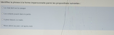 Identifiez la phrase à la forme impersonnelle parmi les propositions suivantes :
Le chat dort sur le canapé
Les enfants jouent dans le jardin
Il pleut depuis ce matin
Nous allons au parc cet après-midi