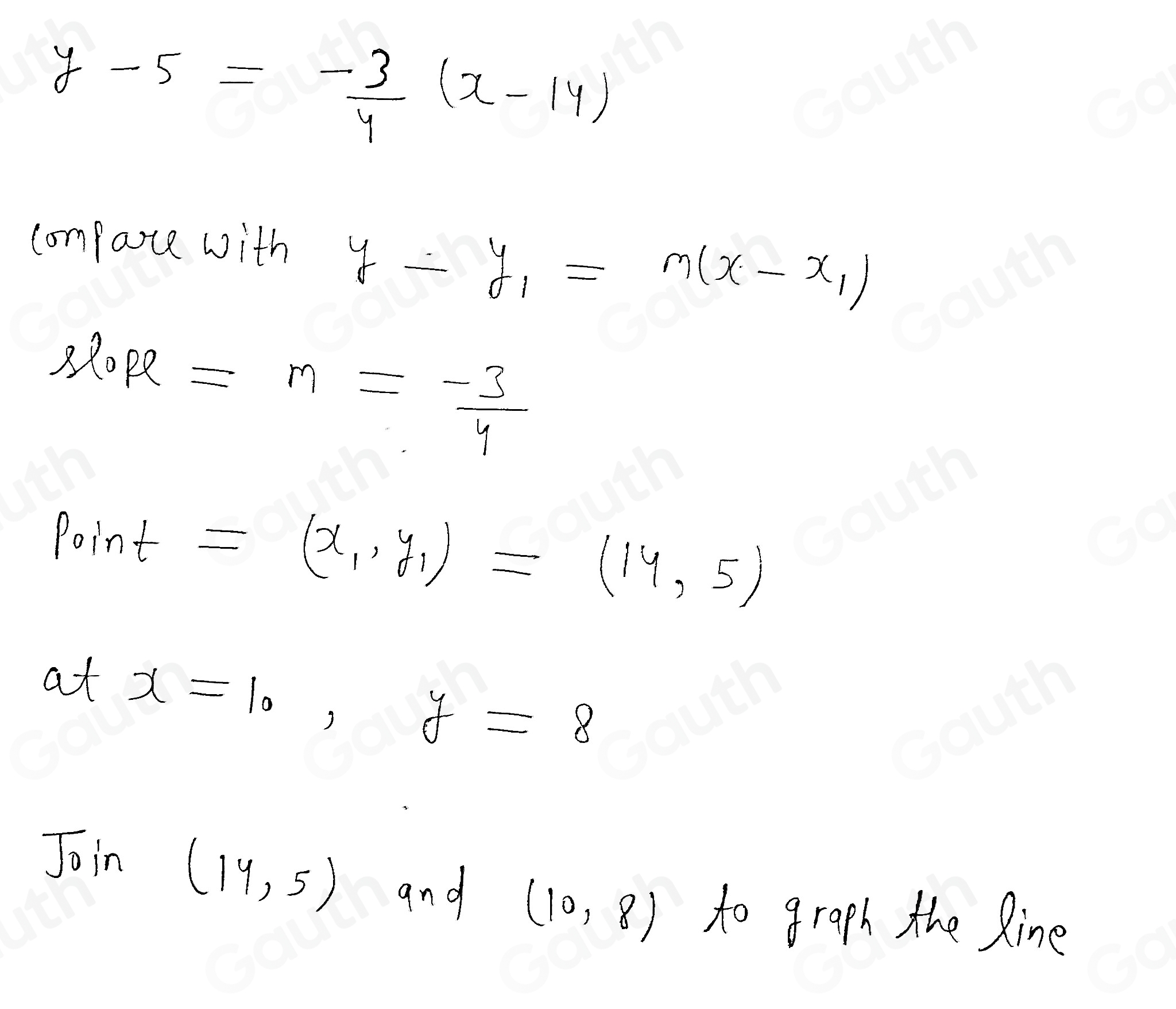 y-5=- 3/4 (x-14)
comparte with
y-y_1=m(x-x_1)
l_0R_1 =m=- 3/4 
point=(x_1,y_1)=(14,5)
at x=10, y=8
Join(14,5) and (10,8) to graph the line