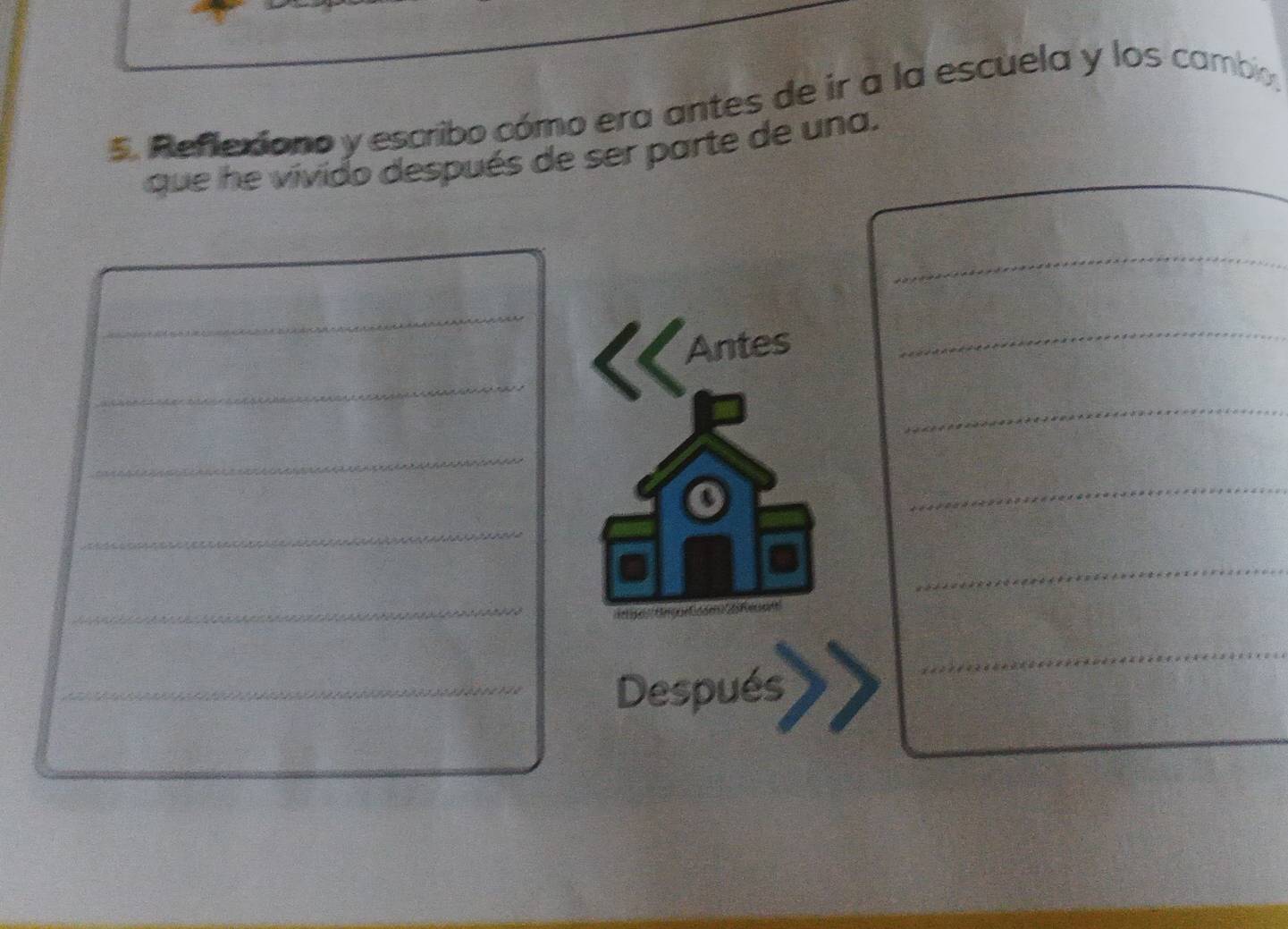 Reflexiono y escribo cómo era antes de ir a la escuela y los cambio 
que he vivido después de ser parte de una. 
_ 
_ 
_ 
Antes 
_ 
_ 
_ 
_ 
_ 
_ 
_ 
e 
_Después 
_ 
_