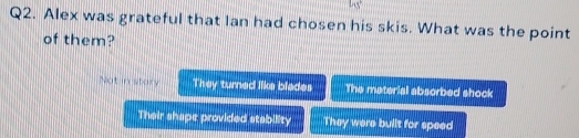 Alex was grateful that Ian had chosen his skis. What was the point
of them?
Not in story They turned like blades The material absorbed shock
Their shape provided stability They were built for speed