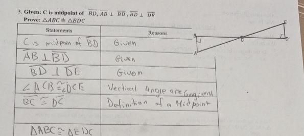 Given: C is midpoint of overline BD,overline AB⊥ overline BD,overline BD⊥ overline DE
Prove: