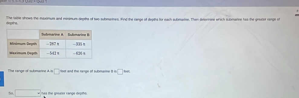 11-1 3 Quiz s Quiz 1 
The table shows the maximum and minimum depths of two submarines. Find the range of depths for each submarine. Then determine which submarine has the greater range of 
depths. 
The range of submarine A is □ feet and the range of submarine B is □ feet. 
So, □ has the greater range depths.