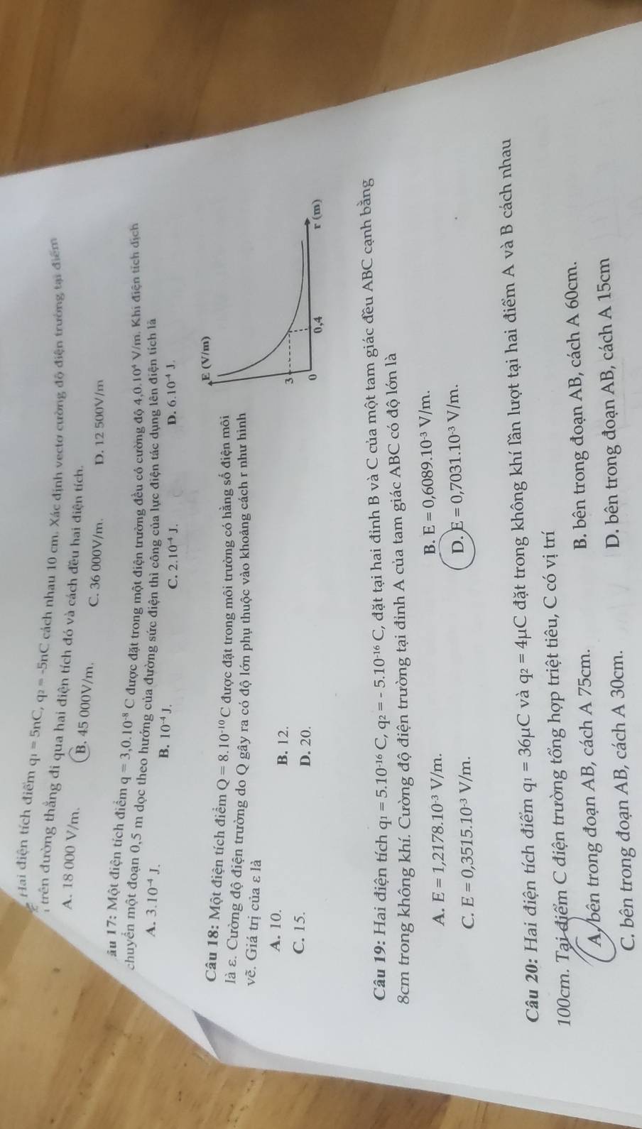 Hai điện tích điểm q_1=5nC,q_2=-5nC cách nhau 10 cm. Xác định vecto cường độ điện trường tại điểm
trên đường thắng đi qua hai điện tích đó và cách đều hai điện tích.
A. 18 000 V/m. B. 45 000V/m. C. 36 000V/m. D. 12 500V/m
u 17: Một điện tích điểm q=3,0.10^(-8)C được đặt trong một điện trường đều có cường độ 4 0.10^4 V/m. Khi điện tích dịch
chuyển một đoạn 0,5 m dọc theo hướng của đường sức điện thì công của lực điện tác dụng lên điện tích là
A. 3.10^(-4)J. D. 6.10^(-4)J.
B. 10^(-4)J.
C. 2.10^(-4)J.
Câu 18: Một điện tích điểm Q=8.10^(-10)C được đặt trong môi trường có hằng số điện môi
là ε. Cường độ điện trường do Q gây ra có độ lớn phụ thuộc vào khoảng cách r như hình
vẽ. Giá trị của ε là
A. 10. B. 12.
C. 15. D. 20.
Câu 19: Hai điện tích q_1=5.10^(-16)C,q_2=-5.10^(-16)C, , đặt tại hai đỉnh B và C của một tam giác đều ABC cạnh bằng
8cm trong không khí. Cường độ điện trường tại đỉnh A của tam giác ABC có độ lớn là
A. E=1,2178.10^(-3)V/m.
B. E=0,6089.10^(-3)V/m.
C. E=0,3515.10^(-3)V/m.
D. E=0,7031.10^(-3)V/m.
Câu 20: Hai điện tích điểm q_1=36mu C và q_2=4mu C đặt trong không khí lần lượt tại hai điểm A và B cách nhau
100cm. Tại điểm C điện trường tổng hợp triệt tiêu, C có vị trí
A bên trong đoạn AB, cách A 75cm. B. bên trong đoạn AB, cách A 60cm.
C. bên trong đoạn AB, cách A 30cm. D. bên trong đoạn AB, cách A 15cm