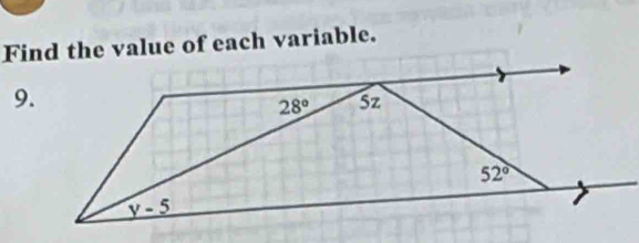 Find the value of each variable.
9.