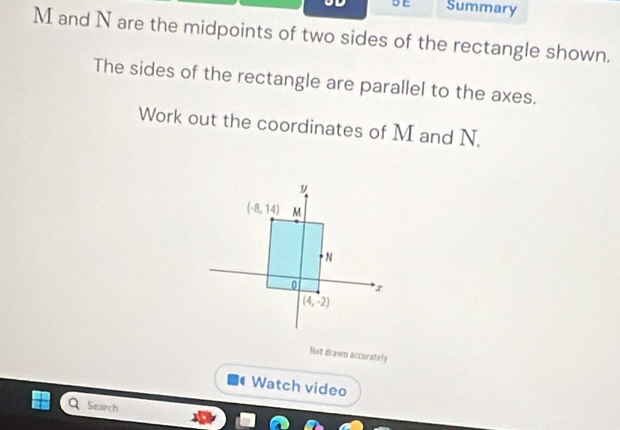 5D Summary
M and N are the midpoints of two sides of the rectangle shown.
The sides of the rectangle are parallel to the axes.
Work out the coordinates of M and N.
Not drawn accurately
Watch video
Search