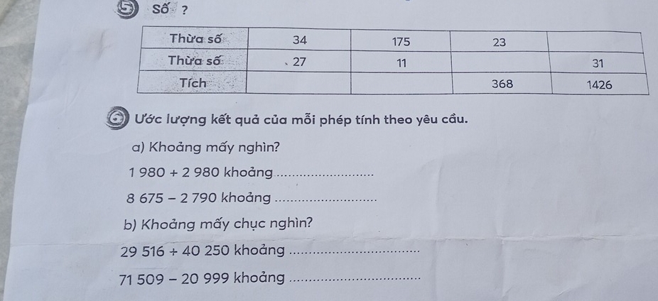 Số ? 
Ước lượng kết quả của mỗi phép tính theo yêu cầu. 
a) Khoảng mấy nghìn?
1980+2980 khoảng_ 
8 675-2790 khoảng_ 
b) Khoảng mấy chục nghìn?
29516+40250 khoảng_
71509-20999 khoảng_