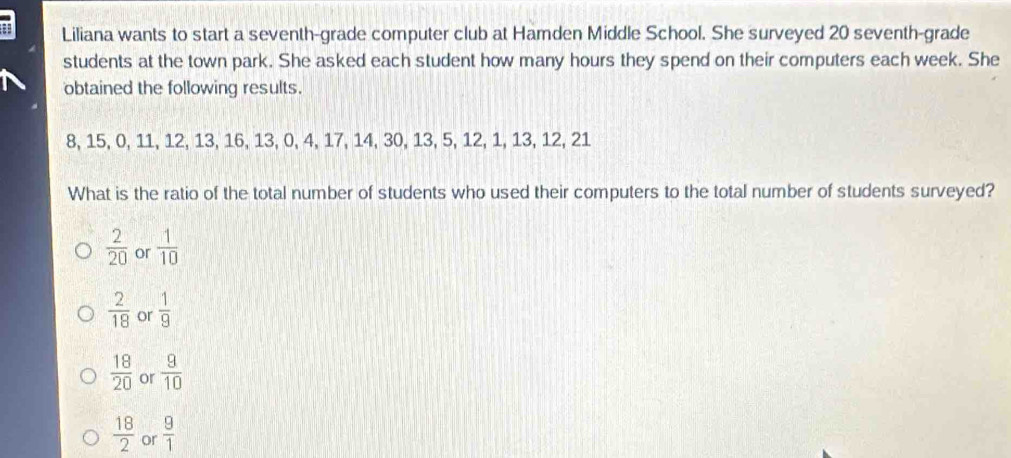 Liliana wants to start a seventh-grade computer club at Hamden Middle School. She surveyed 20 seventh-grade
students at the town park. She asked each student how many hours they spend on their computers each week. She
obtained the following results.
8, 15, 0, 11, 12, 13, 16, 13, 0, 4, 17, 14, 30, 13, 5, 12, 1, 13, 12, 21
What is the ratio of the total number of students who used their computers to the total number of students surveyed?
 2/20  or  1/10 
 2/18  or  1/9 
 18/20  or  9/10 
 18/2  or  9/1 