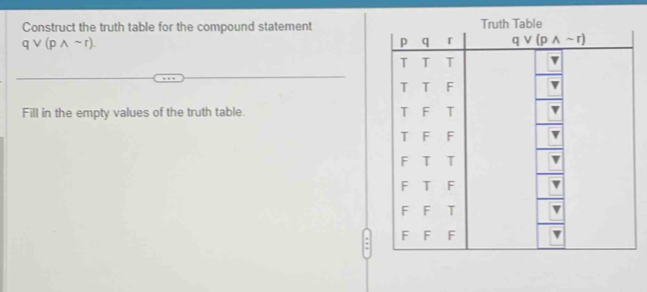 Construct the truth table for the compound statementTruth Table
qvee (pwedge sim r).
Fill in the empty values of the truth table.