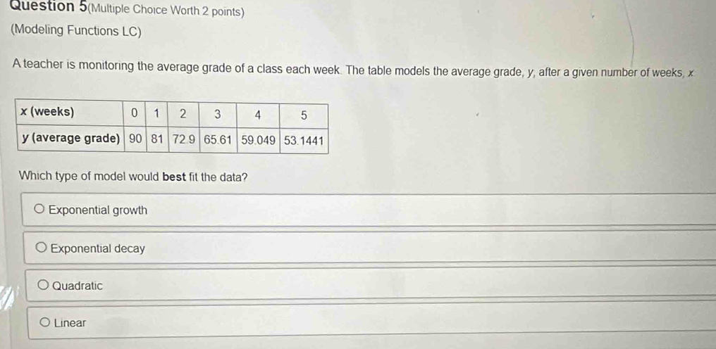 Question 5(Multiple Choice Worth 2 points)
(Modeling Functions LC)
A teacher is monitoring the average grade of a class each week. The table models the average grade, y, after a given number of weeks, x
Which type of model would best fit the data?
Exponential growth
Exponential decay
Quadratic
Linear