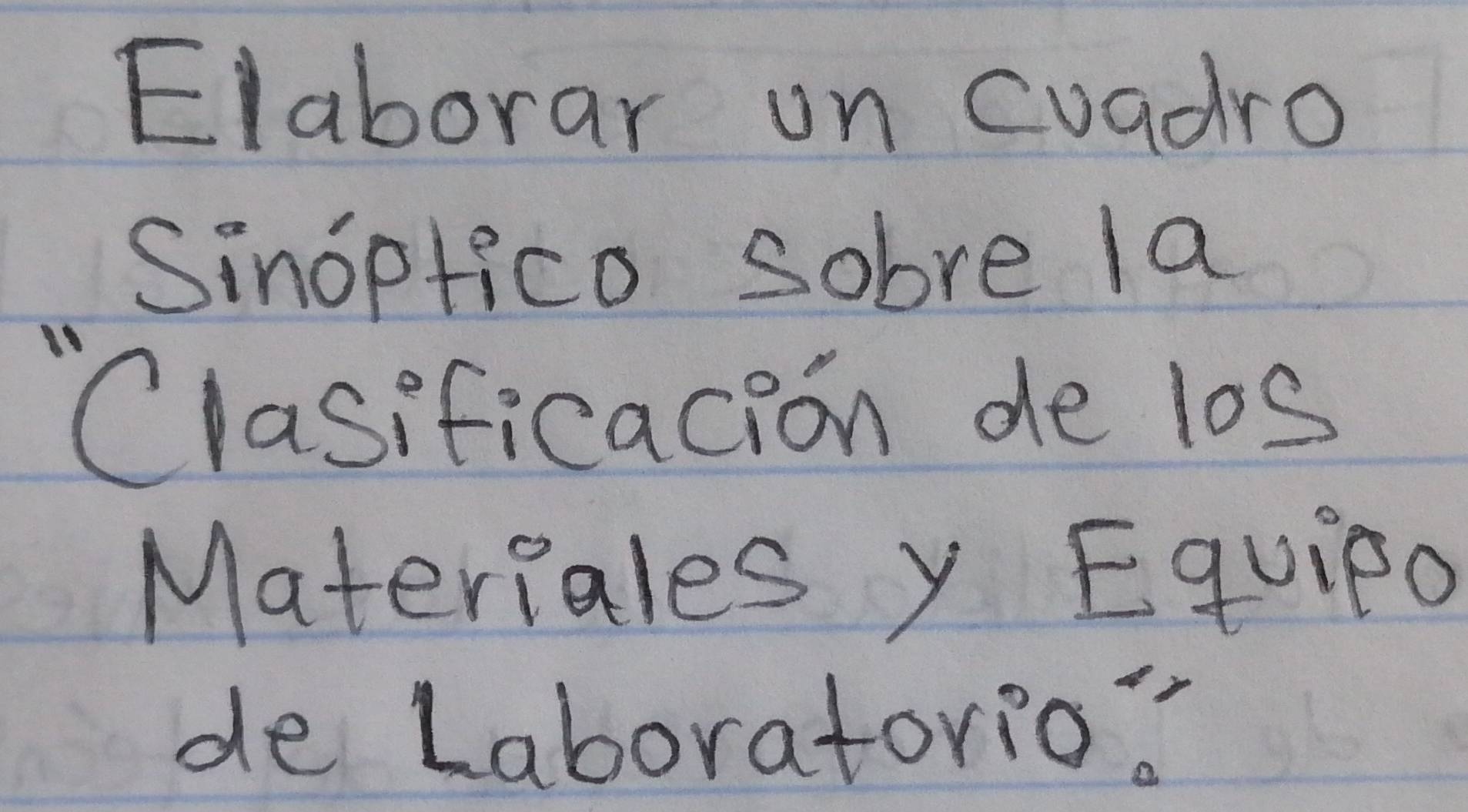 Elaborar on cuadro 
Sinoptico sobre la 
Clasificacion de los 
Materiales y Equipo 
de Laboratorio?