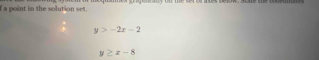 a point in the solution set.
y>-2x-2
y≥ x-8