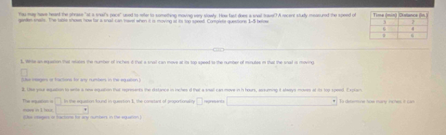 "You may have heard the phrase "at a snail's pace" used to refer to something moving very slowly. How fast does a snail travel? A recent study measured the speed of 
garden snalls. The table shows how far a snail can travel when it is moving at its top speed. Complete questions 1-5 below 
1. Wite an equation that relates the number of inches d that a snail can move at its top speed to the number of minutes m that the snail is moving 
(Use insagers or fractons for any numbers in the equation.) 
2. Use your equation to write a new equation that represents the distance in inches d that a snail can move in h hours, assuming it alwoys moves at its top speed. Explain. 
The equation is □ In the equation found in question 1, the constant of proportionality □ represents To determine how many inches it can 
move in I hour. 
(Use integers or tractions for any numbers in the equation )