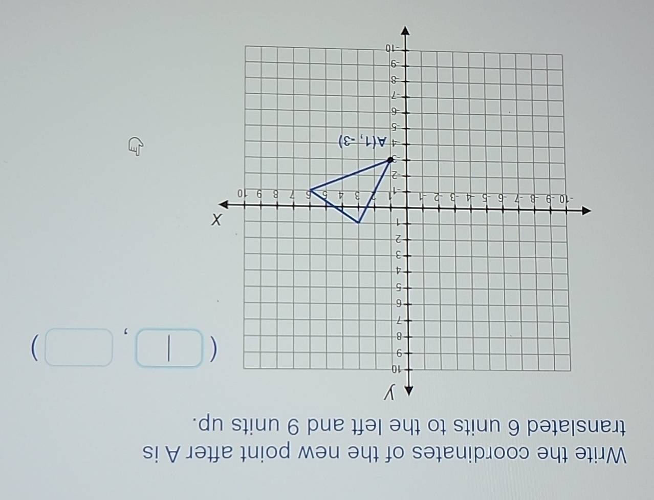 Write the coordinates of the new point after A is
translated 6 units to the left and 9 units up.
(□ ,□ )