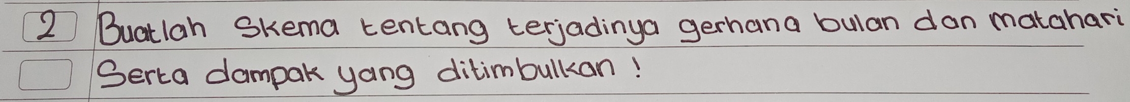 Buatlah Skema tentang terjadinya gerhana bulan dan matahari 
Serca dampak yang ditimbulkan!