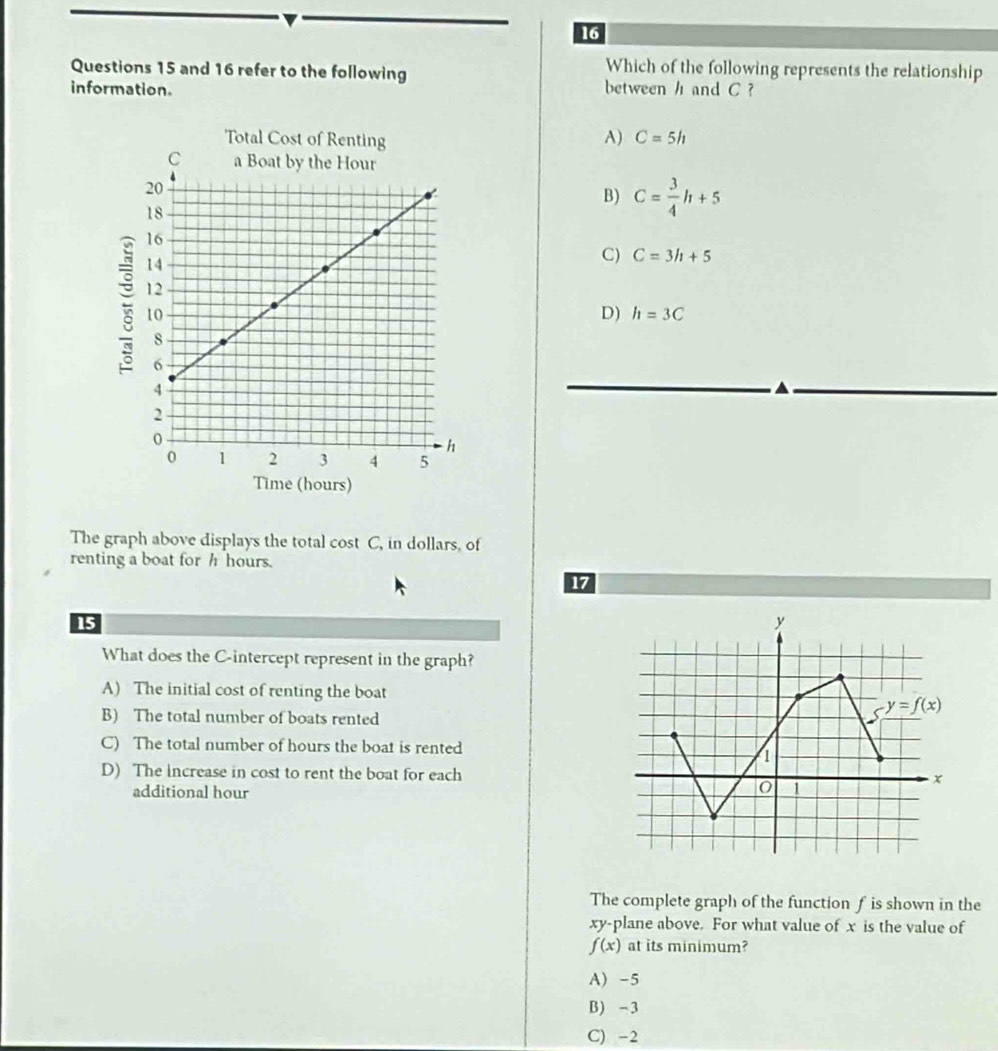 and 16 refer to the following
Which of the following represents the relationship
information. between h and C ?
Total Cost of Renting A) C=5h
B) C= 3/4 h+5
C) C=3h+5
D) h=3C
Time (hours)
The graph above displays the total cost C, in dollars, of
renting a boat for h hours.
17
15
What does the C-intercept represent in the graph?
A) The initial cost of renting the boat
B) The total number of boats rented
C) The total number of hours the boat is rented
D) The increase in cost to rent the boat for each
additional hour
The complete graph of the function f is shown in the
xy-plane above. For what value of x is the value of
f(x) at its minimum?
A) -5
B) -3
C) -2