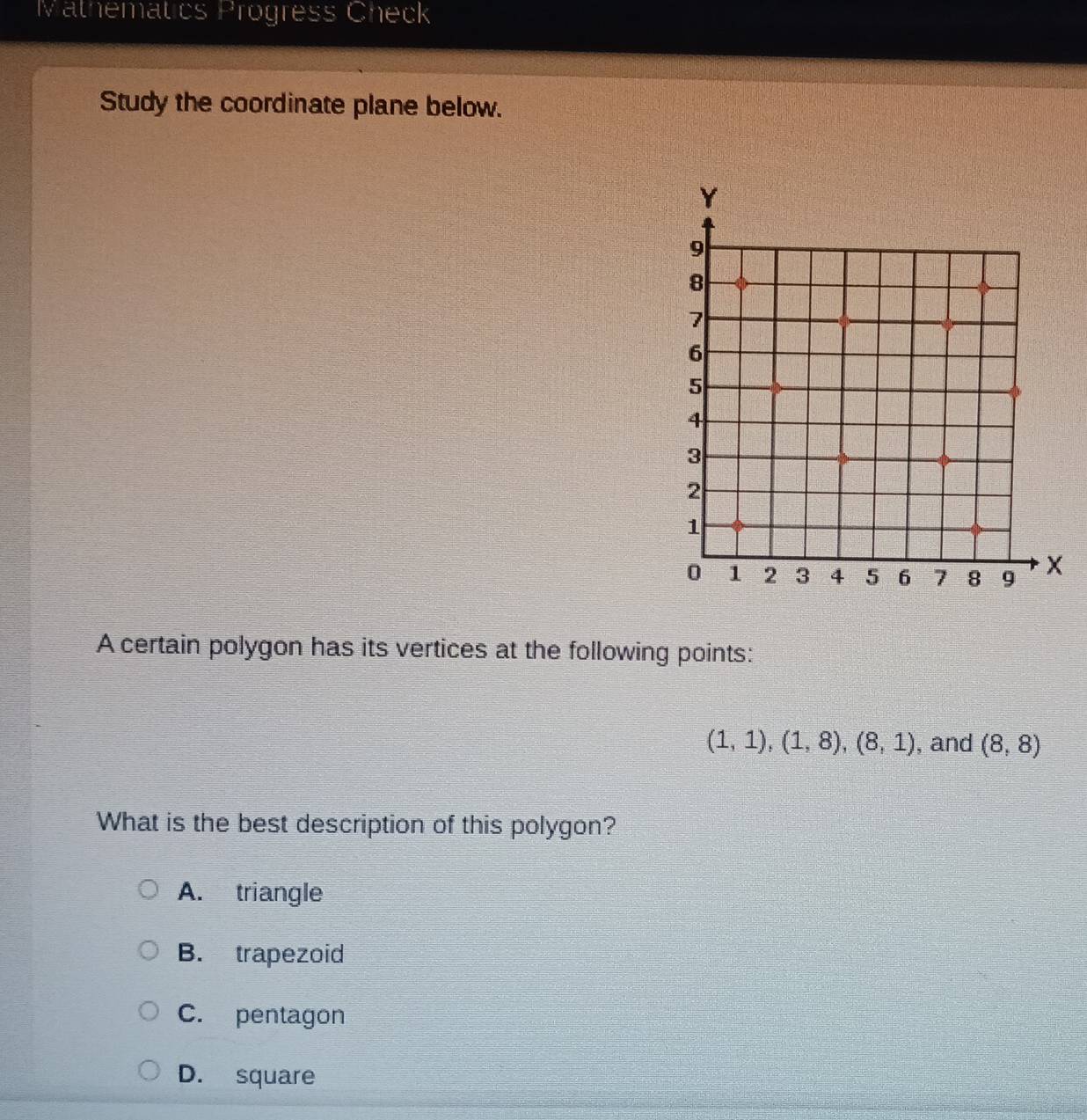 Mathematics Progress Check
Study the coordinate plane below.
A certain polygon has its vertices at the following points:
(1,1), (1,8), (8,1) , and (8,8)
What is the best description of this polygon?
A. triangle
B. trapezoid
C. pentagon
D. square