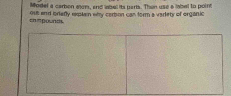 Model a carbon stom, and label its parts. Then use a label to point 
out and briefly explain why carbon can form a variety of organic 
compounds.