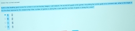 Seecs the comrecs amwer.
Keith is the leading goal score far a teaun in an lce hockey lague. Lard season, he scored 42 goals in 10 games. Asuning he scomn goals at a constunt rate, what is the sope of
the lise that segneents this relationship if the sumber of ganses is along the x -auis and the namber of goals is along the jaxis?
 11/42 
B  21/41 
C ||
D  4/11 