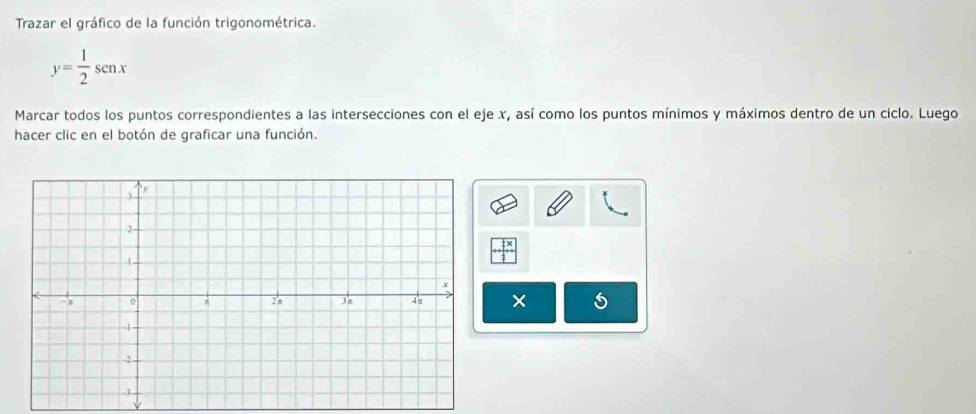 Trazar el gráfico de la función trigonométrica.
y= 1/2 senx
Marcar todos los puntos correspondientes a las intersecciones con el eje x, así como los puntos mínimos y máximos dentro de un ciclo. Luego 
hacer clic en el botón de graficar una función. 
×