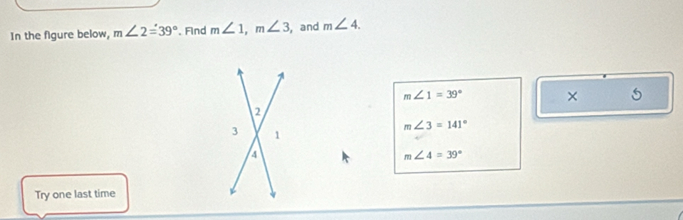 In the figure below, m∠ 2=39°. Find m∠ 1, m∠ 3 ,and m∠ 4.
m∠ 1=39°
× 5
2
m∠ 3=141°
3 1
A
m∠ 4=39°
Try one last time