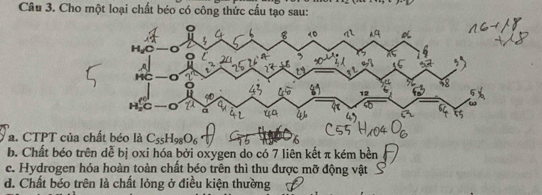 Cho một loại chất béo có công thức cầu tạo sau:
a. CTPT của chất béo là C_55H_98O_6 6
b. Chất béo trên dễ bị oxi hóa bởi oxygen do có 7 liên kết π kém bền
c. Hydrogen hóa hoàn toàn chất béo trên thì thu được mỡ động vật
d. Chất béo trên là chất lỏng ở điều kiện thường