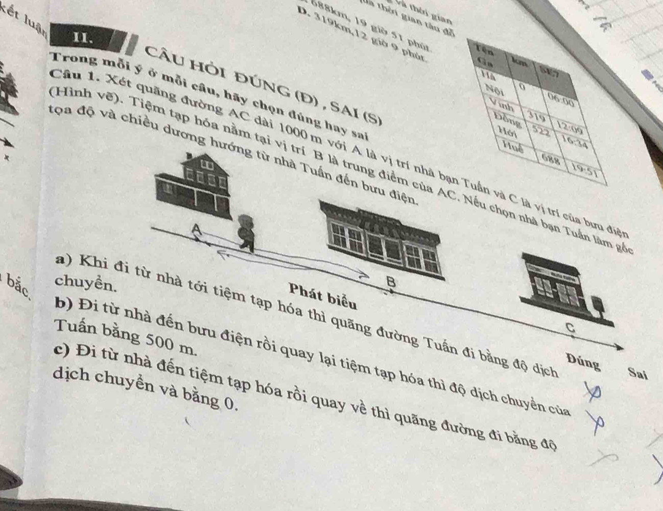 Và thê giao
tà thời gian tàu để
kết luật II.
688km, 19 giờ 51 phút
D. 319km,12 giờ 9 phút
cÂU HỏI đÚNG (Đ) , SAI (S.
Trong mỗi ý ở mỗi câu, hãy chọn đúng hay sa
đọa độ và chiều dương hướng từ nhà Tuần đến bưu điện
Cầu 1. Xét quãng đường AC đài 1000 m với A là vị trí nhà bạC là vị trí của bưu đia
  
a
Hình vẽ). Tiệm tạp hóa nằm tại vị trí B là trung điểm của AC Nếu chọn nhà bạn Tuấn làm ga
P
bắc
chuyền.
B
Phát biểu
a) Khi đi từ nhà tới tiệm tạp hóa thì quãng đường Tuần đi bằng độ dịch
C
Tuấn bằng 500 m.
b) Đi từ nhà đến bưu điện rồi quay lại tiệm tạp hóa thì độ dịch chuyển của
Dúng
Sai
dịch chuyền và bằng 0
c) Đi từ nhà đến tiệm tạp hóa rồi quay về thì quãng đường đi bằng đô