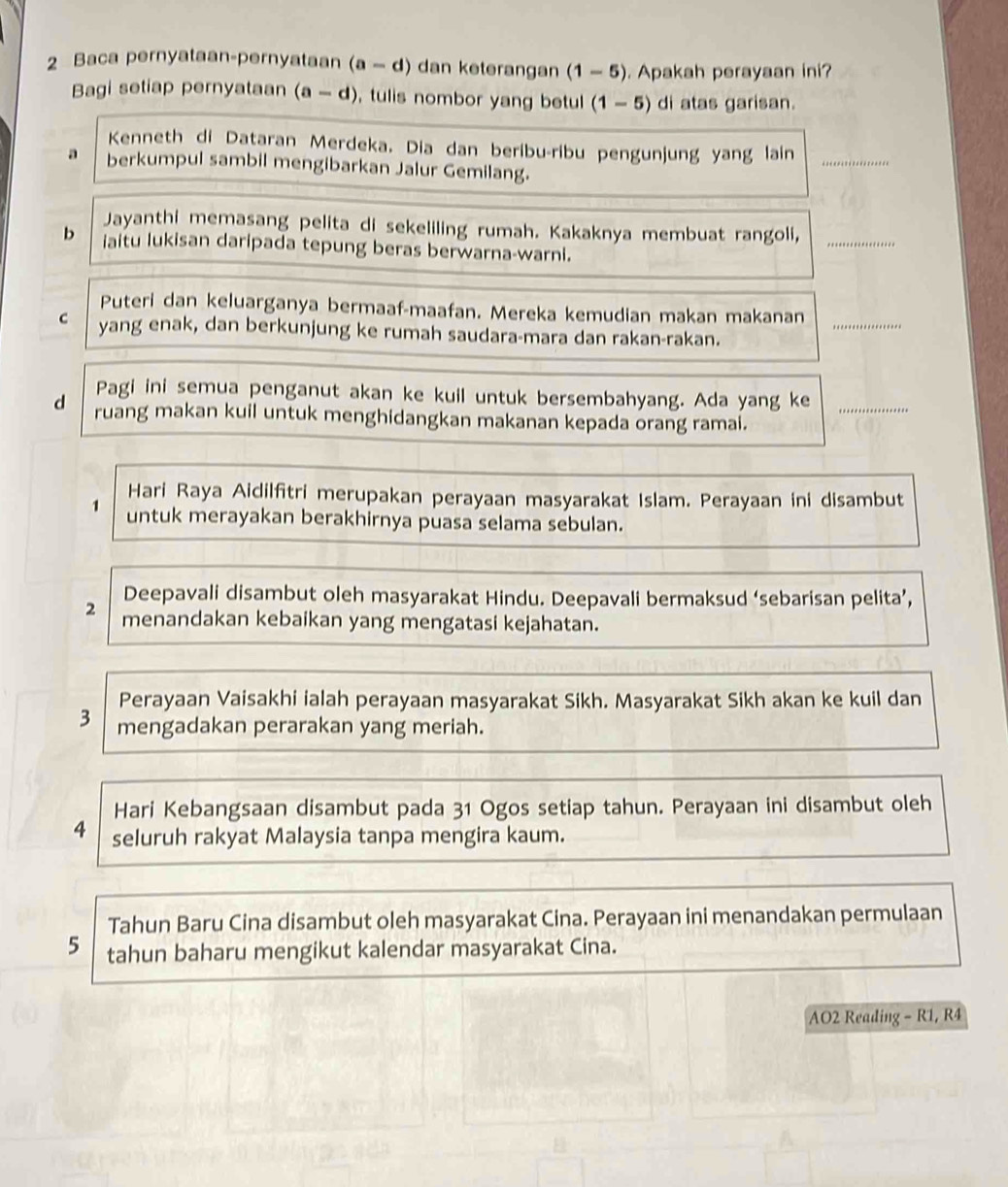 Baca pernyataan-pernyataan (a-d) dan keterangan (1-5). Apakah perayaan ini?
Bagi setiap pernyataan (a-d) , tulis nombor yang betul (1-5) di atas garisan.
Kenneth di Dataran Merdeka. Dia dan beribu-ribu pengunjung yang lain_
a berkumpul sambil mengibarkan Jalur Gemilang.
Jayanthi memasang pelita di sekeliling rumah. Kakaknya membuat rangoli,_
b iaitu lukisan daripada tepung beras berwarna-warni.
Puteri dan keluarganya bermaaf-maafan. Mereka kemudian makan makanan
C yang enak, dan berkunjung ke rumah saudara-mara dan rakan-rakan.
_
Pagi ini semua penganut akan ke kuil untuk bersembahyang. Ada yang ke_
d ruang makan kuil untuk menghidangkan makanan kepada orang ramai.
Hari Raya Aidilfitri merupakan perayaan masyarakat Islam. Perayaan ini disambut
1 untuk merayakan berakhirnya puasa selama sebulan.
Deepavali disambut oleh masyarakat Hindu. Deepavali bermaksud ‘sebarisan pelita’,
2 menandakan kebaikan yang mengatasi kejahatan.
Perayaan Vaisakhi ialah perayaan masyarakat Sikh. Masyarakat Sikh akan ke kuil dan
3 mengadakan perarakan yang meriah.
Hari Kebangsaan disambut pada 31 Ogos setiap tahun. Perayaan ini disambut oleh
4 seluruh rakyat Malaysia tanpa mengira kaum.
Tahun Baru Cina disambut oleh masyarakat Cina. Perayaan ini menandakan permulaan
5 tahun baharu mengikut kalendar masyarakat Cina.
AO2 Reading - R1, R4