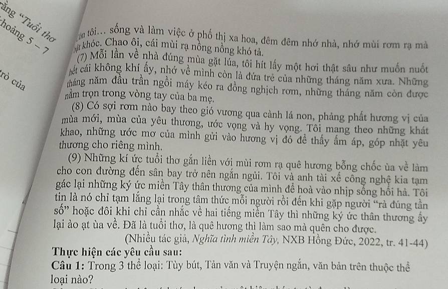 ẳng “Tuổi thơ ôm tôi... sống và làm việc ở phố thị xa hoa, đêm đêm nhớ nhà, nhớ mùi rơm rạ mà
hoảng 5-7 Mt khóc. Chao ôi, cái mùi rạ nồng nồng khó tả.
(7) Mỗi lần về nhà đúng mùa gặt lúa, tôi hít lấy một hơi thật sâu như muốn nuốt
cết cái không khí ấy, nhớ về mình còn là đứa trẻ của những tháng năm xưa. Những
rò của tháng năm đầu trần ngồi máy kéo ra đồng nghịch rơm, những tháng năm còn được
nằm trọn trong vòng tay của ba mẹ.
(8) Có sợi rơm nào bay theo gió vương qua cành lá non, phảng phất hương vị của
mùa mới, mùa của yêu thương, ước vọng và hy vọng. Tôi mang theo những khát
khao, những ước mơ của mình gửi vào hương vị đó đề thấy ấm áp, góp nhặt yêu
thương cho riêng mình.
(9) Những kí ức tuổi thơ gắn liền với mùi rơm rạ quê hương bỗng chốc ủa về làm
cho con đường đến sân bay trở nên ngắn ngủi. Tôi và anh tài xế công nghệ kia tạm
gác lại những ký ức miền Tây thân thương của mình đề hoà vào nhịp sống hối hả. Tôi
tin là nó chỉ tạm lắng lại trong tâm thức mỗi người rồi đến khi gặp người “rà đúng tần
số' hoặc đôi khi chỉ cần nhắc về hai tiếng miền Tây thì những ký ức thân thương ấy
lai ào ạt ùa về. Đã là tuổi thơ, là quê hương thì làm sao mà quên cho được.
(Nhiều tác giả, Nghĩa tình miền Tây, NXB Hồng Đức, 2022, tr. 41-44)
Thực hiện các yêu cầu sau:
Cầu 1: Trong 3 thể loại: Tùy bút, Tản văn và Truyện ngắn, văn bản trên thuộc thể
loại nào?