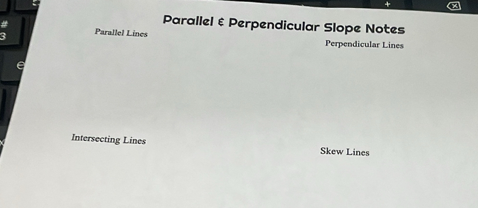 #
Parallel & Perpendicular Slope Notes
3
Parallel Lines
Perpendicular Lines
e
Intersecting Lines Skew Lines