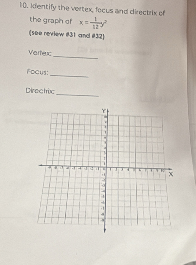 Identify the vertex, focus and directrix of 
the graph of x= 1/12 y^2
(see review #31 and #32) 
Vertex: 
_ 
Focus: 
_ 
Directrix: 
_