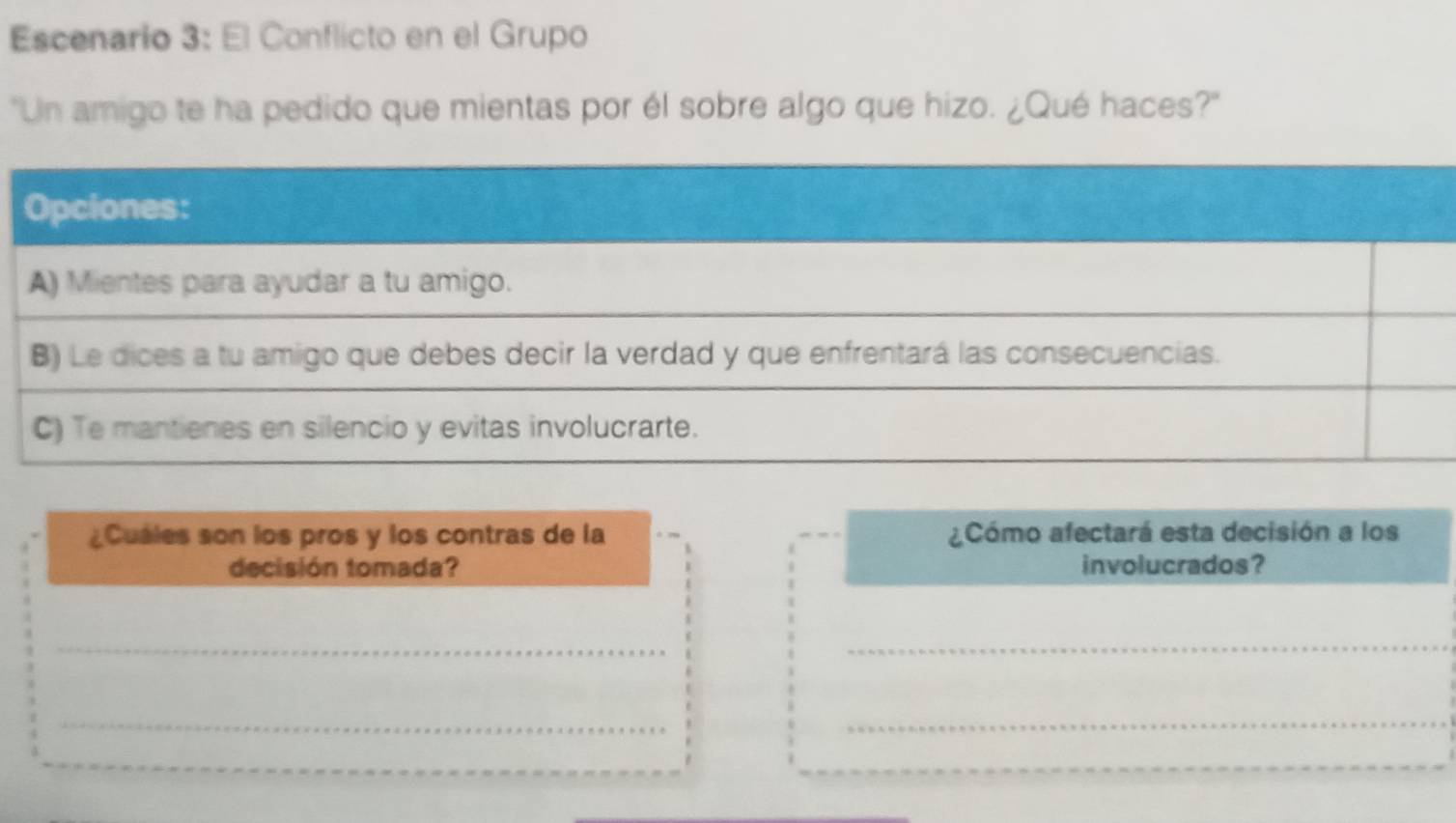 Escenario 3: El Conflicto en el Grupo 
"Un amigo te ha pedido que mientas por él sobre algo que hizo. ¿Qué haces?" 
Opciones: 
A) Mientes para ayudar a tu amigo. 
B) Le dices a tu amigo que debes decir la verdad y que enfrentará las consecuencias. 
C) Te mantienes en silencio y evitas involucrarte. 
¿Cuáles son los pros y los contras de la ¿Cómo afectará esta decisión a los 
decisión tomada? involucrados? 
_ 
_ 
_ 
_