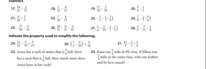 Subtract. 
17.  16/21 - 1/21  18.  7/12 - 4/12  19.  17/20 - 3/20  20.  5/9 - 1/3 
21.  8/10 - 2/5  22.  7/10 - 4/15  23. - 3/5 -(- 1/3 ) 24.  7/8 -(- 5/6 )
25. - 17/20 - 4/15  26.  20/21 - 6/21 - 5/21  27.  5/6 - 3/10 -(- 1/3 ) 28.  4/9 - 3/15 - 1/9 
Indicate the property used to simplify the following. 
29.  11/15 - 3/10 + 4/15  30. ( 1/4 - 9/10 )+ 3/10  31.  14/9 - 2/3 - 2/9 
32. Anna has a sack of mints that is  5/6  full. Steve 33. Katie ran  3/4  mile in PE class. If Jillian ran 
has a sack that is  1/6  full. How much more does  2/3  mile in the same class, who ran farther 
Anna have in her sack? and by how much?