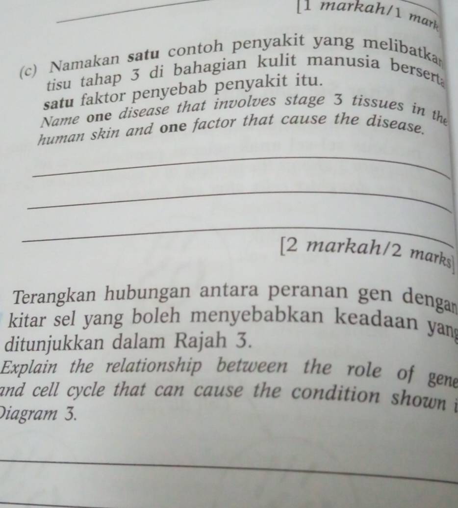 [1 markah/1 mark 
(c) Namakan satu contoh penyakit yang melibatka 
tisu tahap 3 di bahagian kulit manusia bersert 
satu faktor penyebab penyakit itu. 
Name one disease that involves stage 3 tissues in the 
human skin and one factor that cause the disease. 
_ 
_ 
_ 
[2 markah/2 marks 
Terangkan hubungan antara peranan gen dengam 
kitar sel yang boleh menyebabkan keadaan yan. 
ditunjukkan dalam Rajah 3. 
Explain the relationship between the role of gene 
and cell cycle that can cause the condition shown i 
Diagram 3. 
_ 
_ 
_ 
_