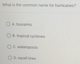 What is the common name for hurricanes?
A. tsunamis
B. tropical cyclones
C. waterspouts
D. squall lines