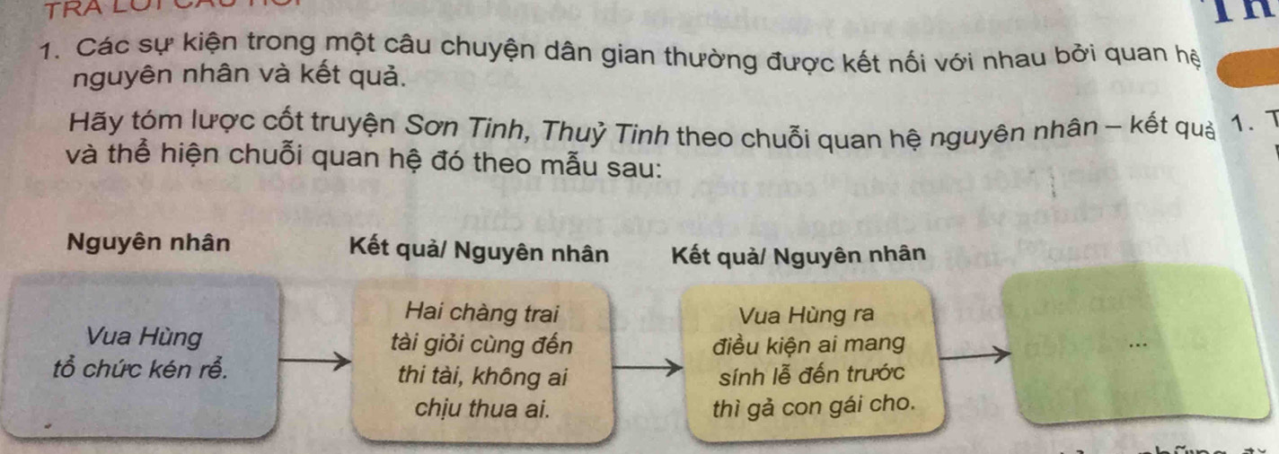 TRA LUT 
in 
1. Các sự kiện trong một câu chuyện dân gian thường được kết nối với nhau bởi quan hệ 
nguyên nhân và kết quả. 
Hãy tóm lược cốt truyện Sơn Tinh, Thuỷ Tinh theo chuỗi quan hệ nguyên nhân - kết quả 1. T 
và thể hiện chuỗi quan hệ đó theo mẫu sau: 
Nguyên nhân Kết quả/ Nguyên nhân Kết quả/ Nguyên nhân 
Hai chàng trai Vua Hùng ra 
Vua Hùng tài giỏi cùng đến điều kiện ai mang 
tổ chức kén rễ. thi tài, không ai sính lễ đến trước 
chịu thua ai. thì gả con gái cho.