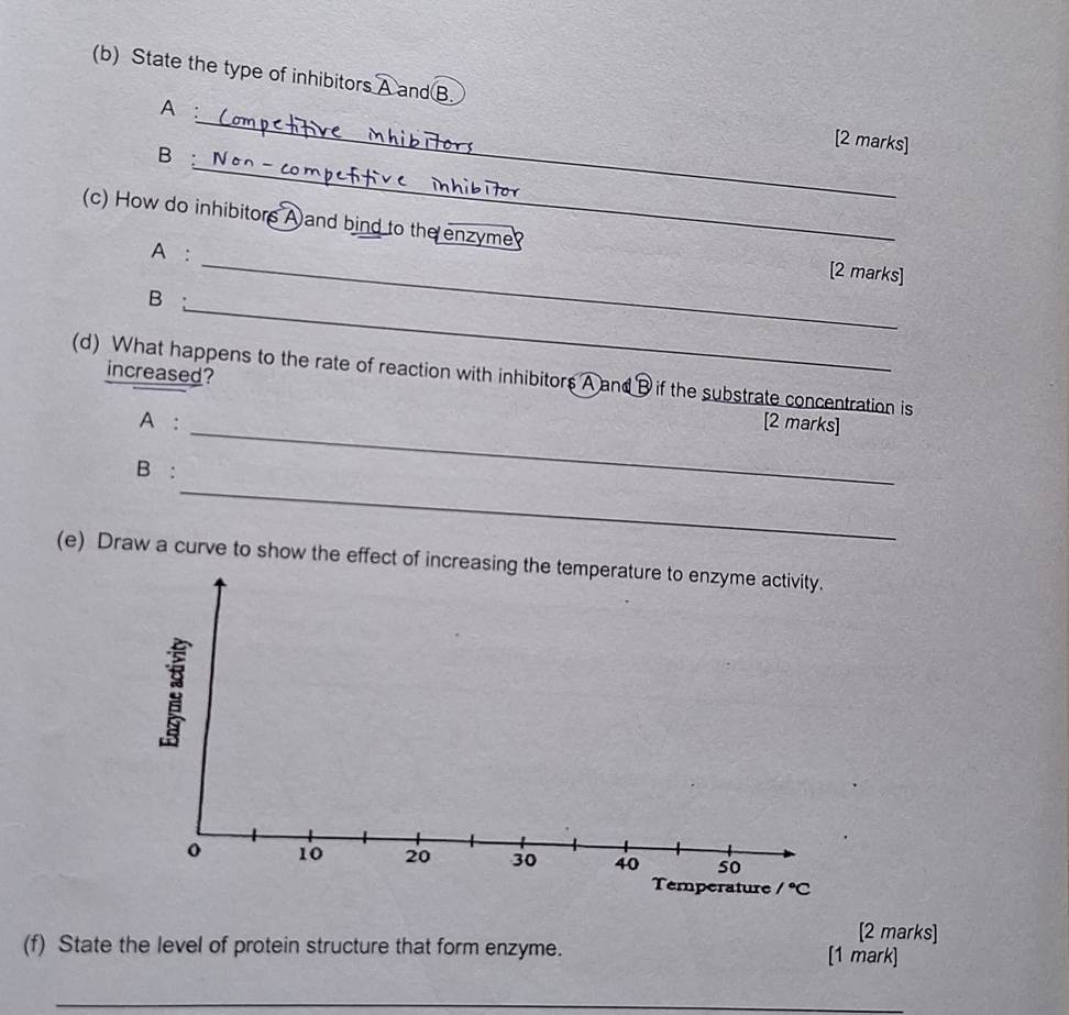 State the type of inhibitors A and B. [2 marks]
A
_
B
_
(c) How do inhibitors A and bind to the enzyme [2 marks]
A:
_
B ;
(d) What happens to the rate of reaction with inhibitors A and B if the substrate concentration is
_
increased? [2 marks]
A:
_
B :
(e) Draw a curve to show the effect of incre
[2 marks]
(f) State the level of protein structure that form enzyme. [1 mark]
_