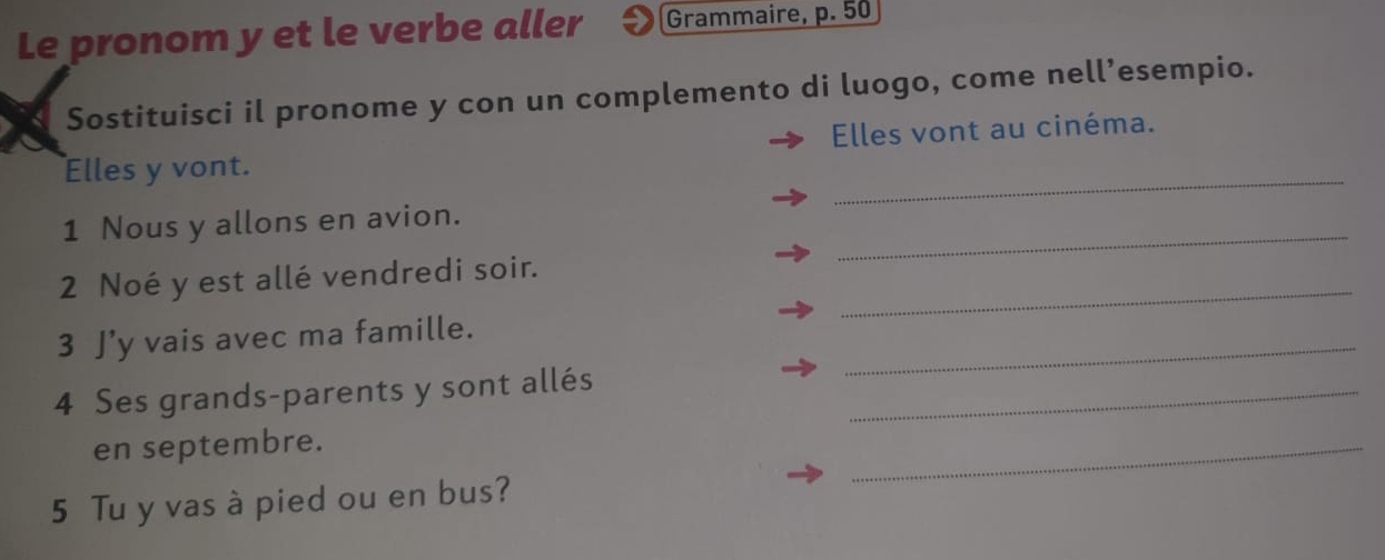 Le pronom y et le verbe aller Grammaire, p. 50
Sostituisci il pronome y con un complemento di luogo, come nell’esempio. 
Elles vont au cinéma. 
Elles y vont. 
_ 
_ 
1 Nous y allons en avion. 
_ 
2 Noé y est allé vendredi soir. 
_ 
3 J’y vais avec ma famille. 
4 Ses grands-parents y sont allés_ 
en septembre. 
_ 
5 Tu y vas à pied ou en bus?