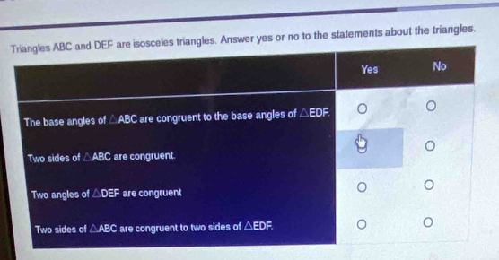 es or no to the statements about the triangles.