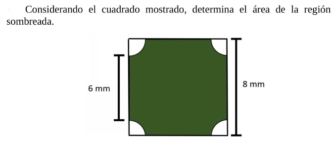 Considerando el cuadrado mostrado, determina el área de la región 
sombreada.