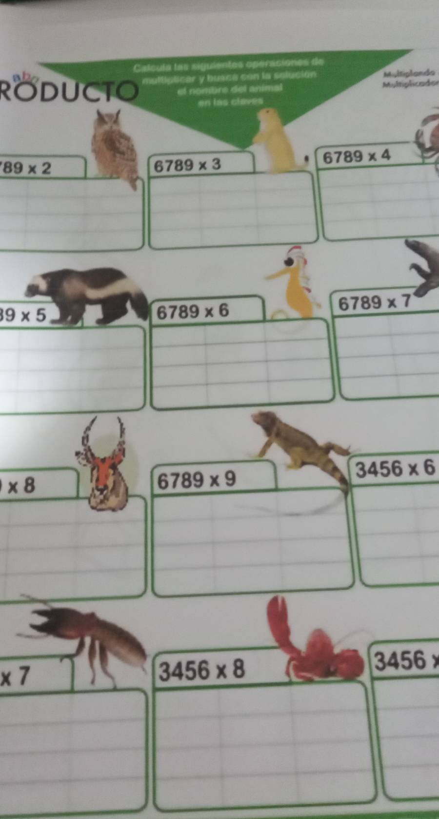 Calcula las siguientes operaciones de 
ab 
RODUCTO multiplicar y busce con la selución Multiplando 
el nombre del animal Multiplicade 
en las claves
89* 2
6789* 3
6789* 4
39* 5
6789* 6
6789* 7
3456* 6
* 8
6789* 9
3456*
* 7
3456* 8