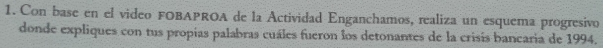Con base en el video FOBAPROA de la Actividad Enganchamos, realiza un esquema progresivo 
donde expliques con tus propías palabras cuáles fueron los detonantes de la crisis bancaria de 1994.