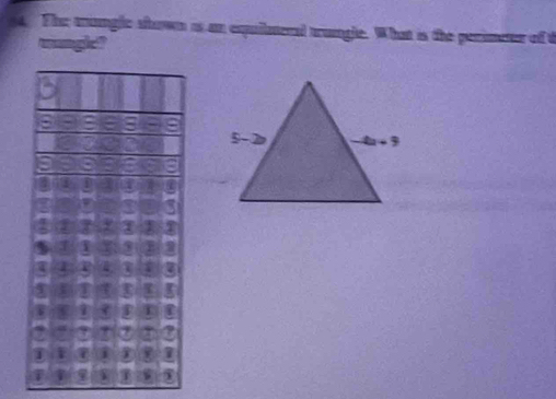 The tranglc shown as an exquilmend trangle. What is the perimeter of t
mangic?
a
a
a
.  T 1 I
3 T r
# 4 a
3 g
s 7
7 r 2
1 7 1 1
T 1